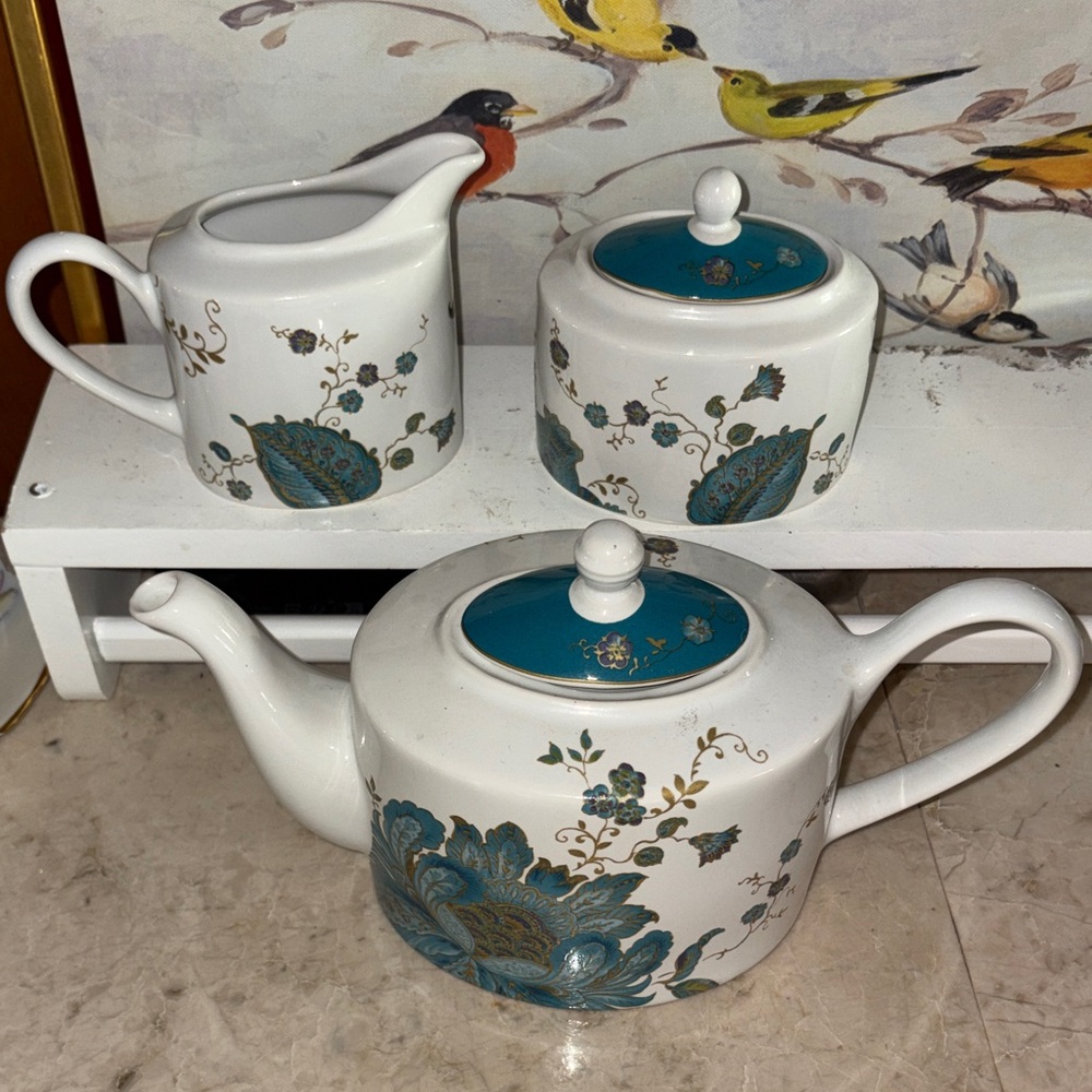 222 Fifth Eliza teal Teapot Set with Creamer & Sugar - Teal Floral Motif